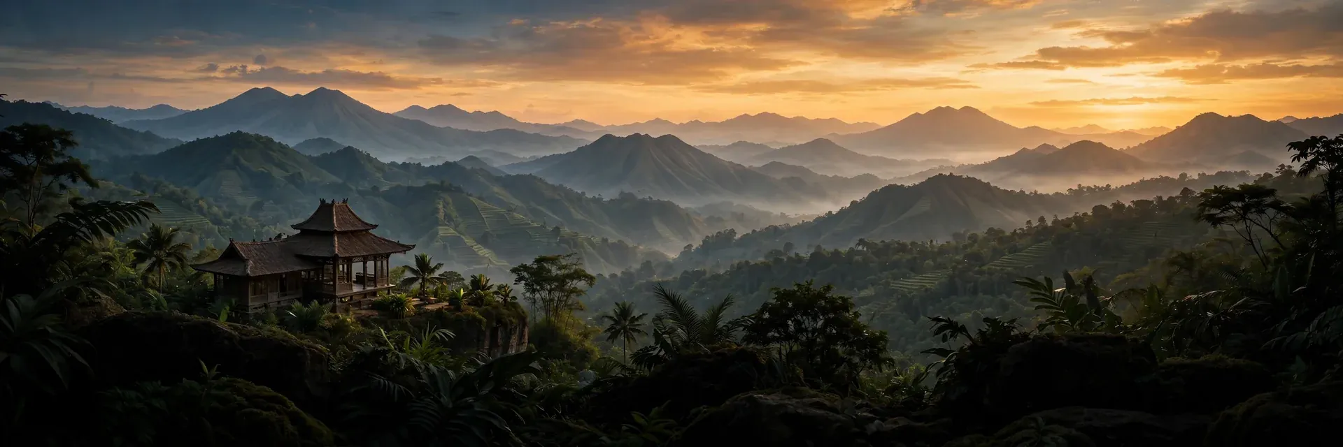 Panorama pegunungan Indonesia berlapis kabut dengan pendopo tradisional saat matahari terbenam