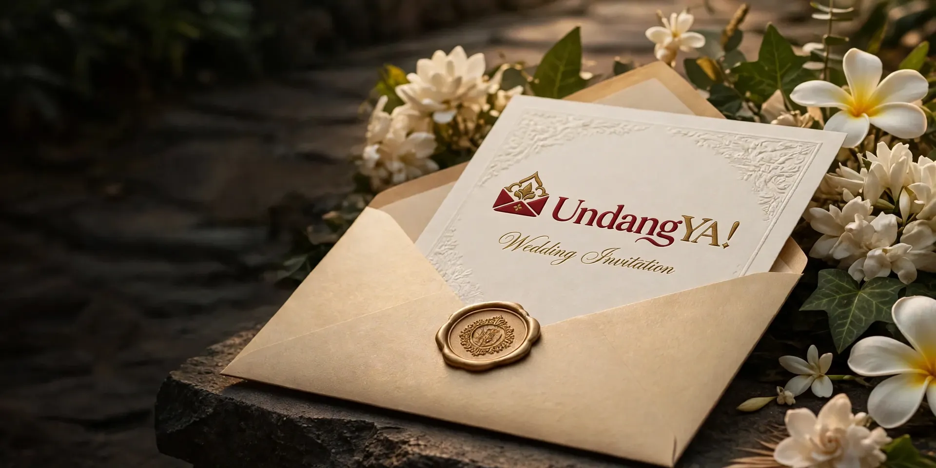 Amplop champagne-gold bersegel lilin berisi kartu undangan ivory berlogo UndangYA! bertuliskan Wedding Invitation, dikelilingi bunga putih dan frangipani