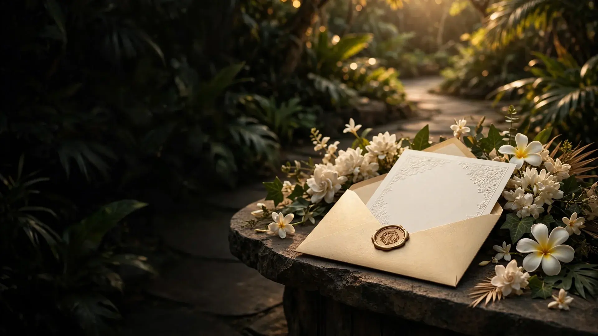 Amplop champagne-gold berisi kartu undangan ivory di atas meja batu, dikelilingi bunga putih di taman tropis saat golden hour