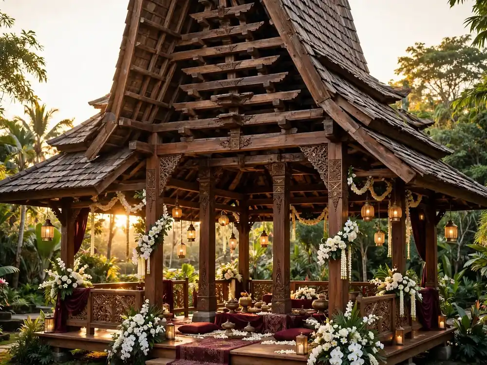 Pendopo Joglo kayu berhias lentera dan bunga ivory saat golden hour